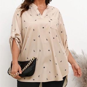 Bird Print Roll Sleeve Collared Shirt
